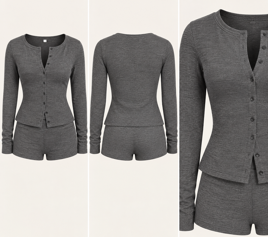 Women's Grey Button Front Lounge Short Set