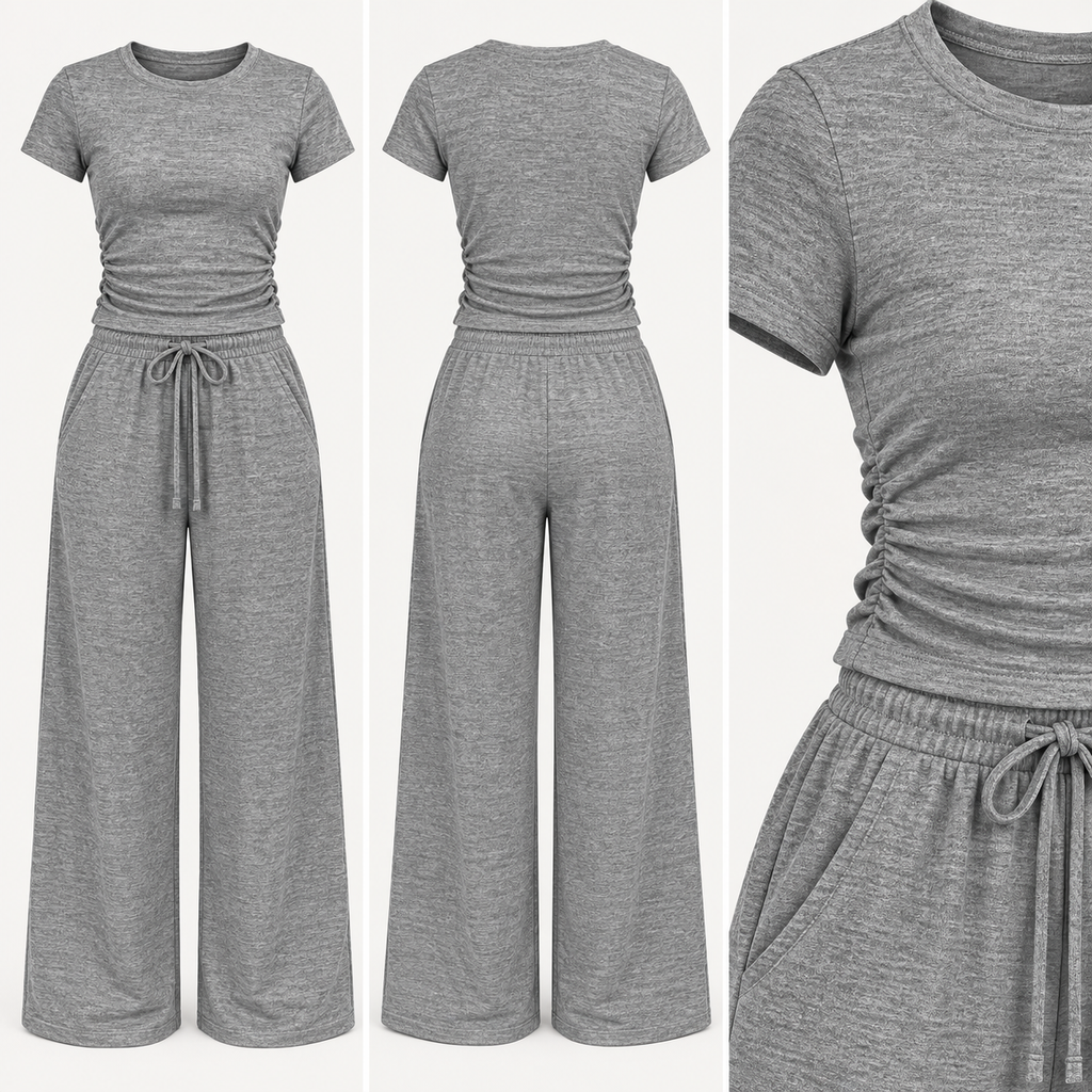 Grey Ruched Side Loungewear Set – Wide Leg Trousers