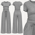 Grey Ruched Side Loungewear Set – Wide Leg Trousers