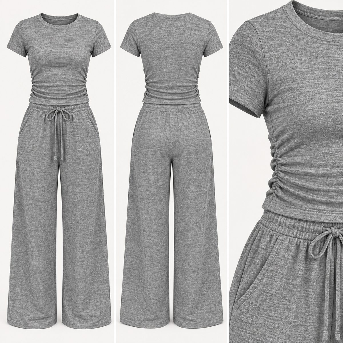Grey Ruched Side Loungewear Set – Wide Leg Trousers