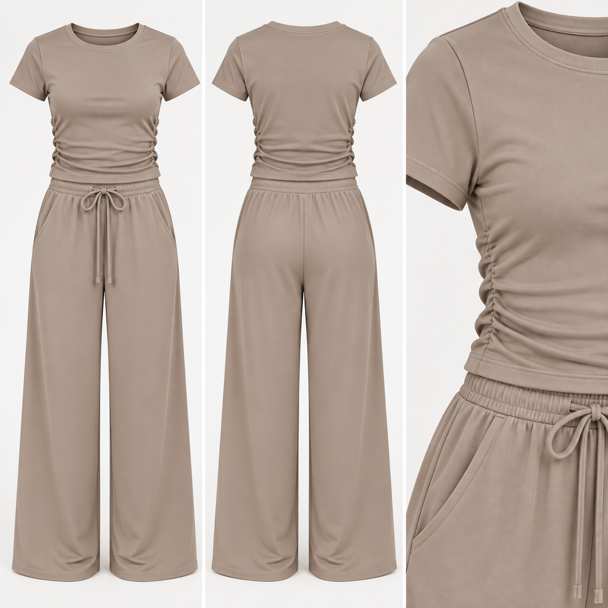 Beige Ruched Side Loungewear Set – Wide Leg Trousers