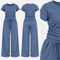 Blue Ruched Side Loungewear Set - Wide Leg Trousers