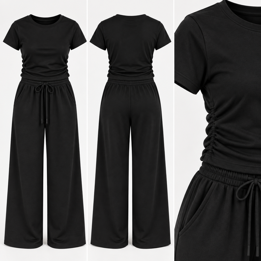 Black Ruched Side Loungewear Set – Wide Leg Trousers