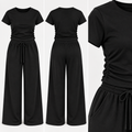Black Ruched Side Loungewear Set – Wide Leg Trousers