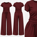 Burgundy Ruched Side Loungewear Set – Wide Leg Trousers