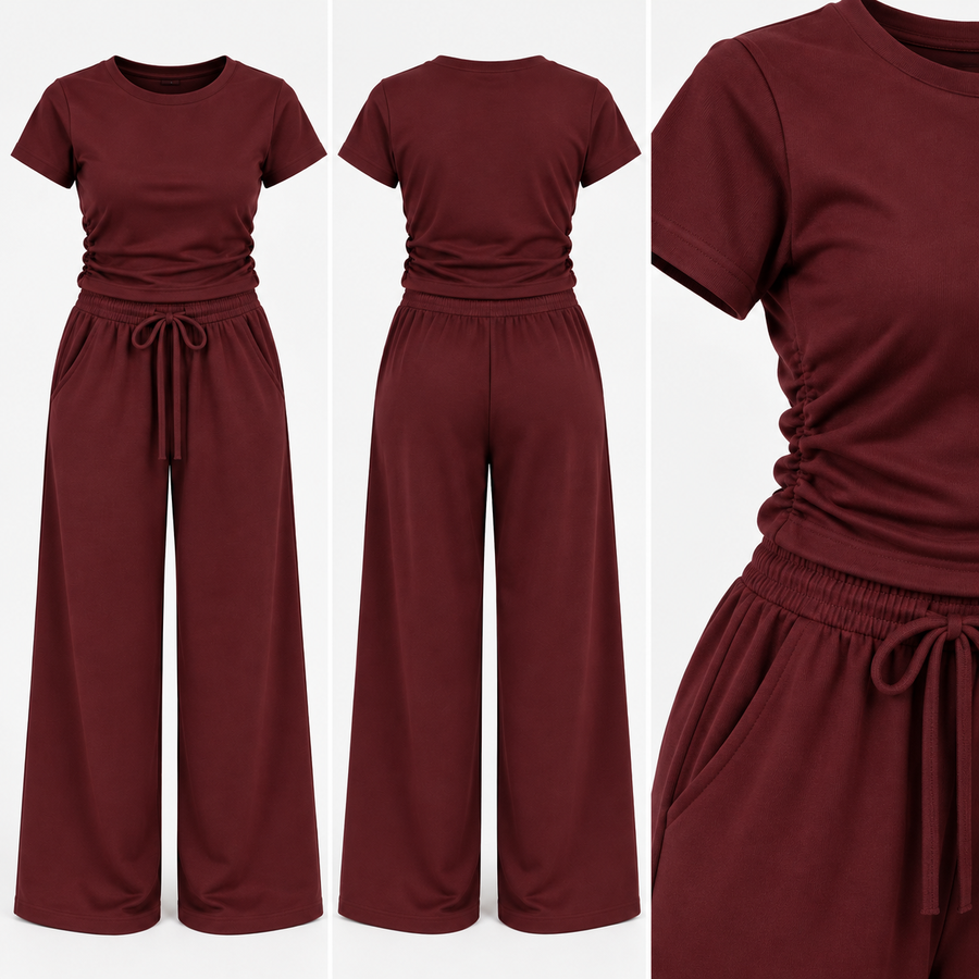Women's Burgundy Ruched Loungewear Set – Wide Leg Trousers