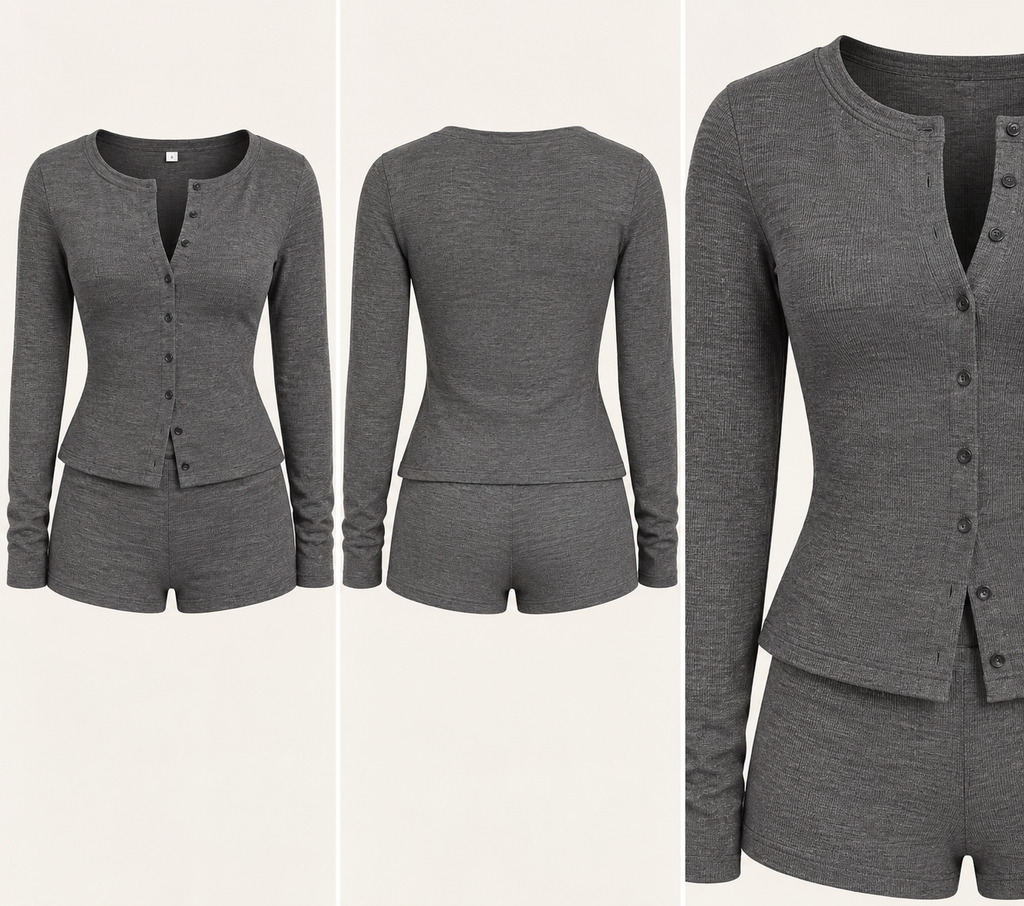 Grey Button Front Lounge Short Set