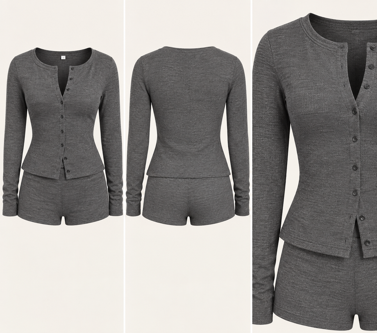 Grey Button Front Lounge Short Set