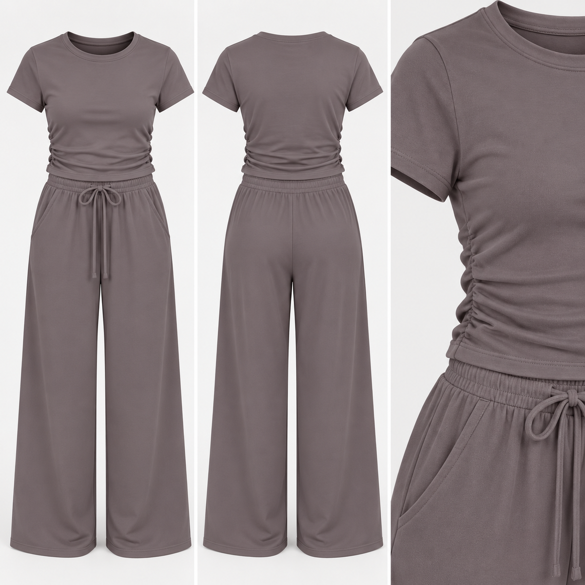 Rose Grey Ruched Side Loungewear Set – Wide Leg Trousers