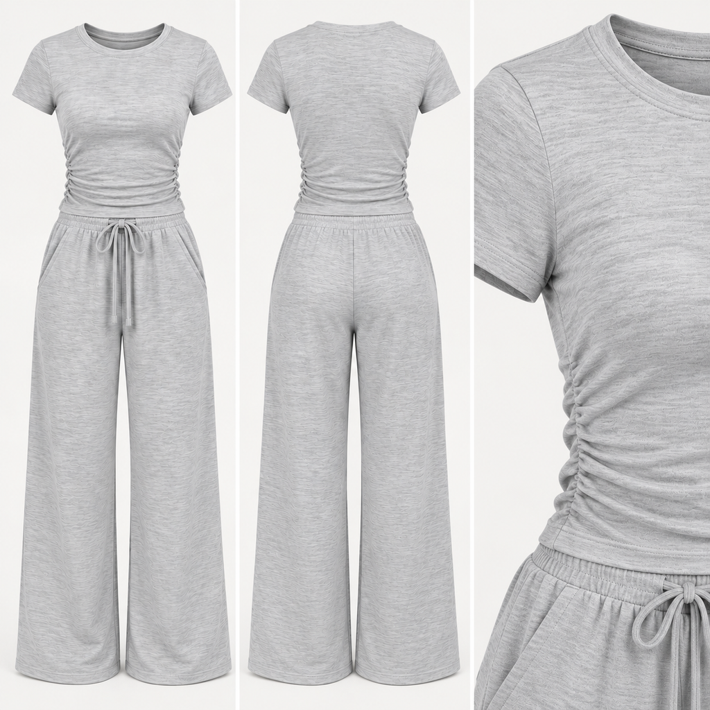Light Grey Ruched Side Loungewear Set – Wide Leg Trousers