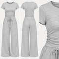 Light Grey Ruched Side Loungewear Set – Wide Leg Trousers