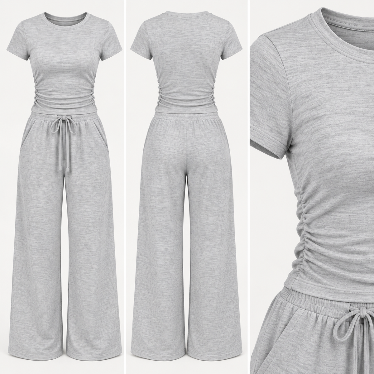 Light Grey Ruched Side Loungewear Set – Wide Leg Trousers