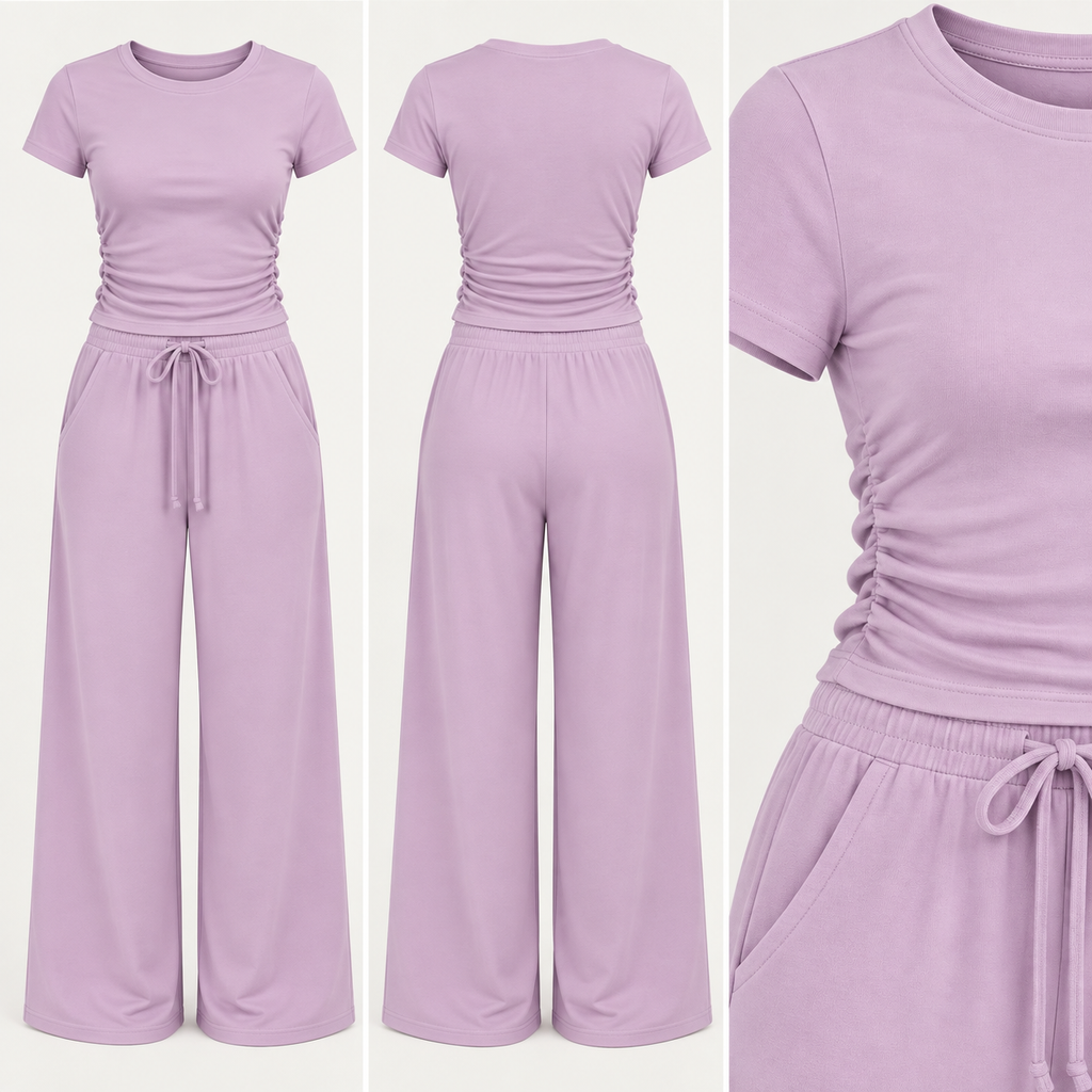 Pink Ruched Side Loungewear Set – Wide Leg Trousers