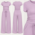 Pink Ruched Side Loungewear Set – Wide Leg Trousers