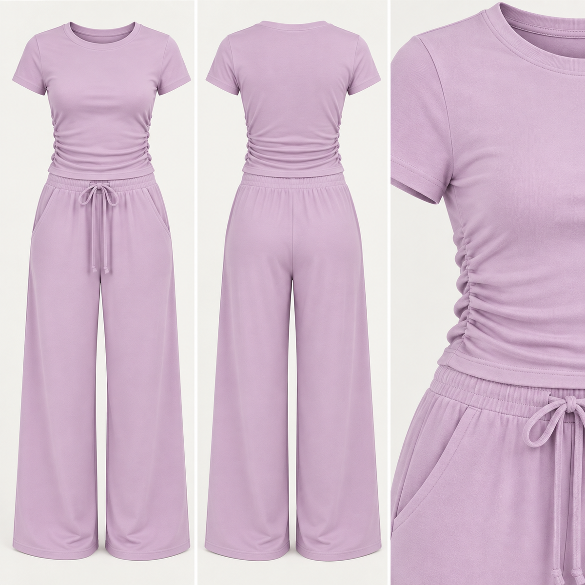 Pink Ruched Side Loungewear Set – Wide Leg Trousers
