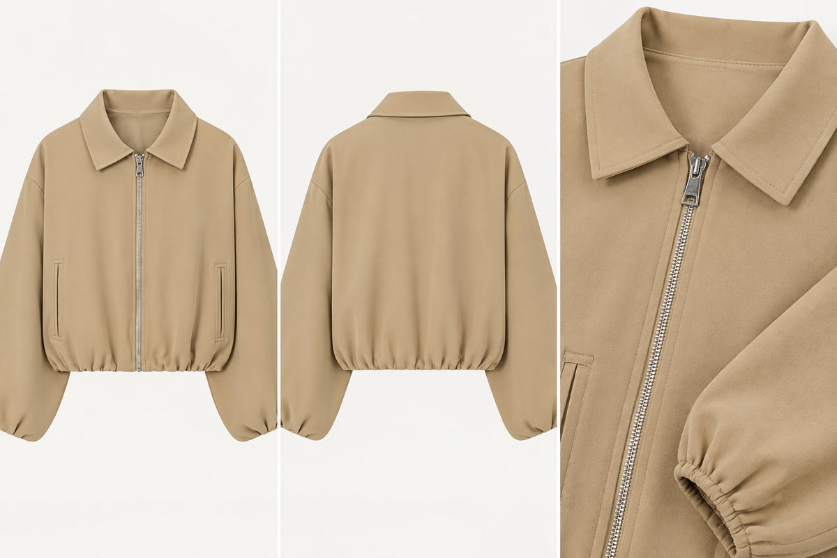 Beige collared zip jacket front back and zip detail