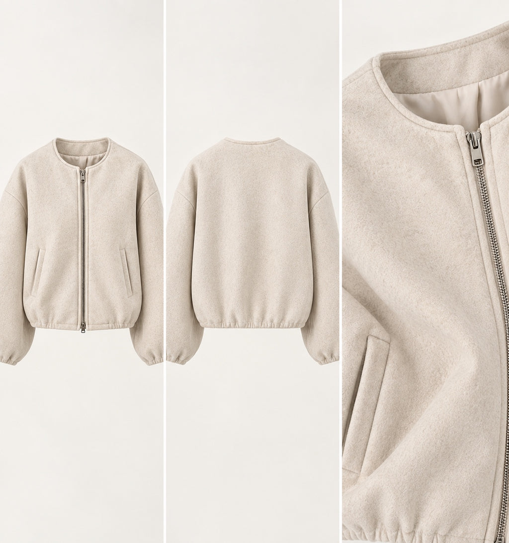 Beige textured zip jacket front back and detail