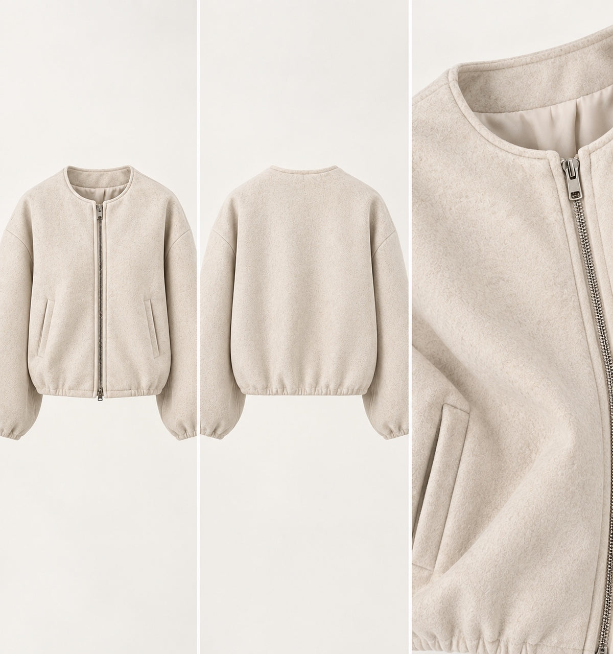 Beige textured zip jacket front back and detail