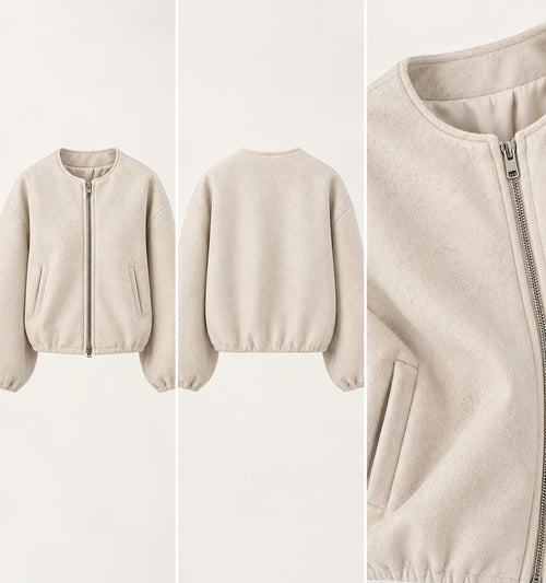 Beige textured zip jacket front back and detail