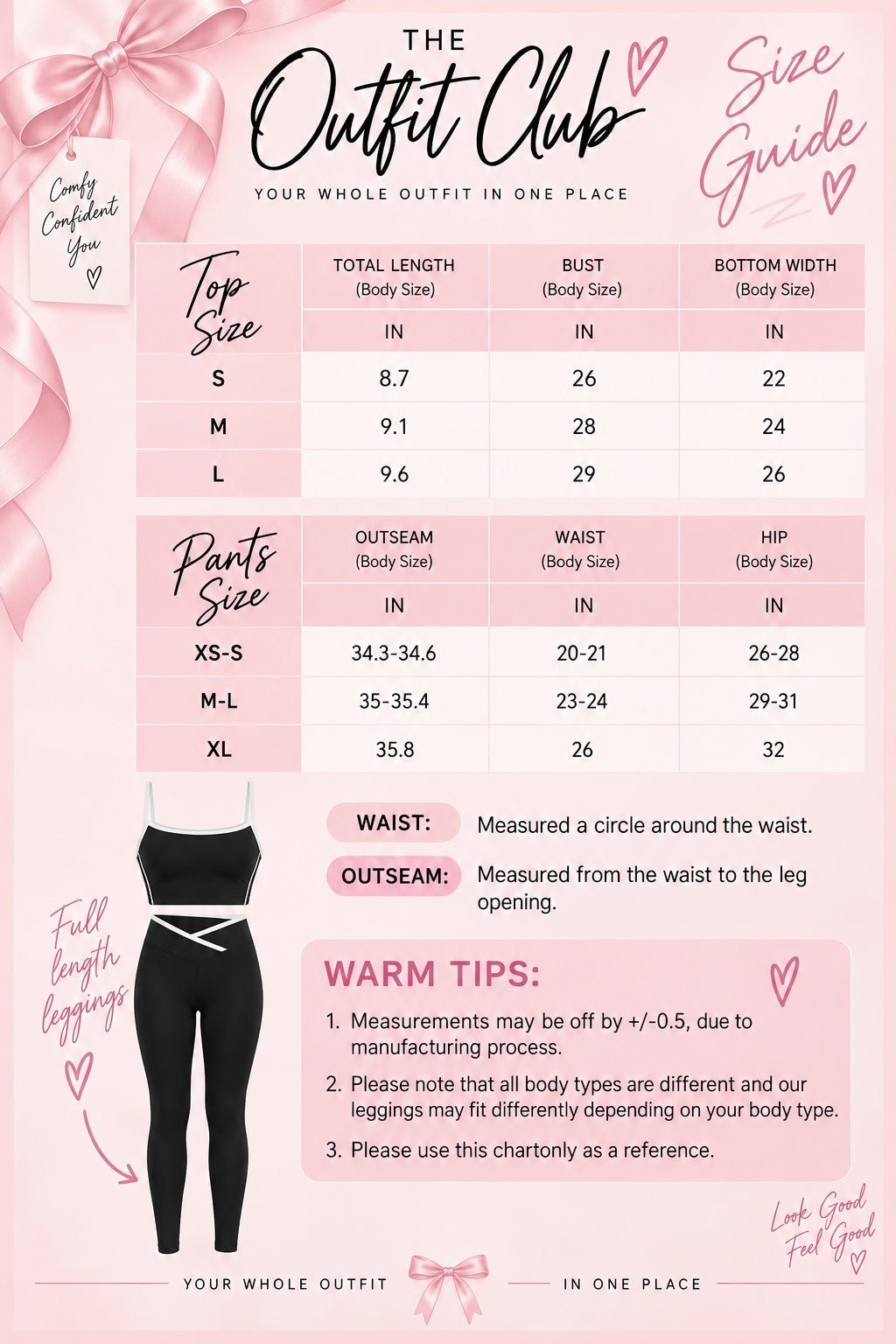 The Outfit Club size guide for black activewear set