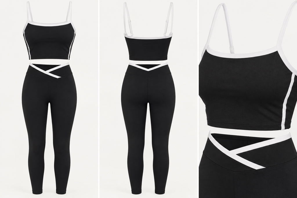 Black contrast trim activewear set with crop top and full length leggings