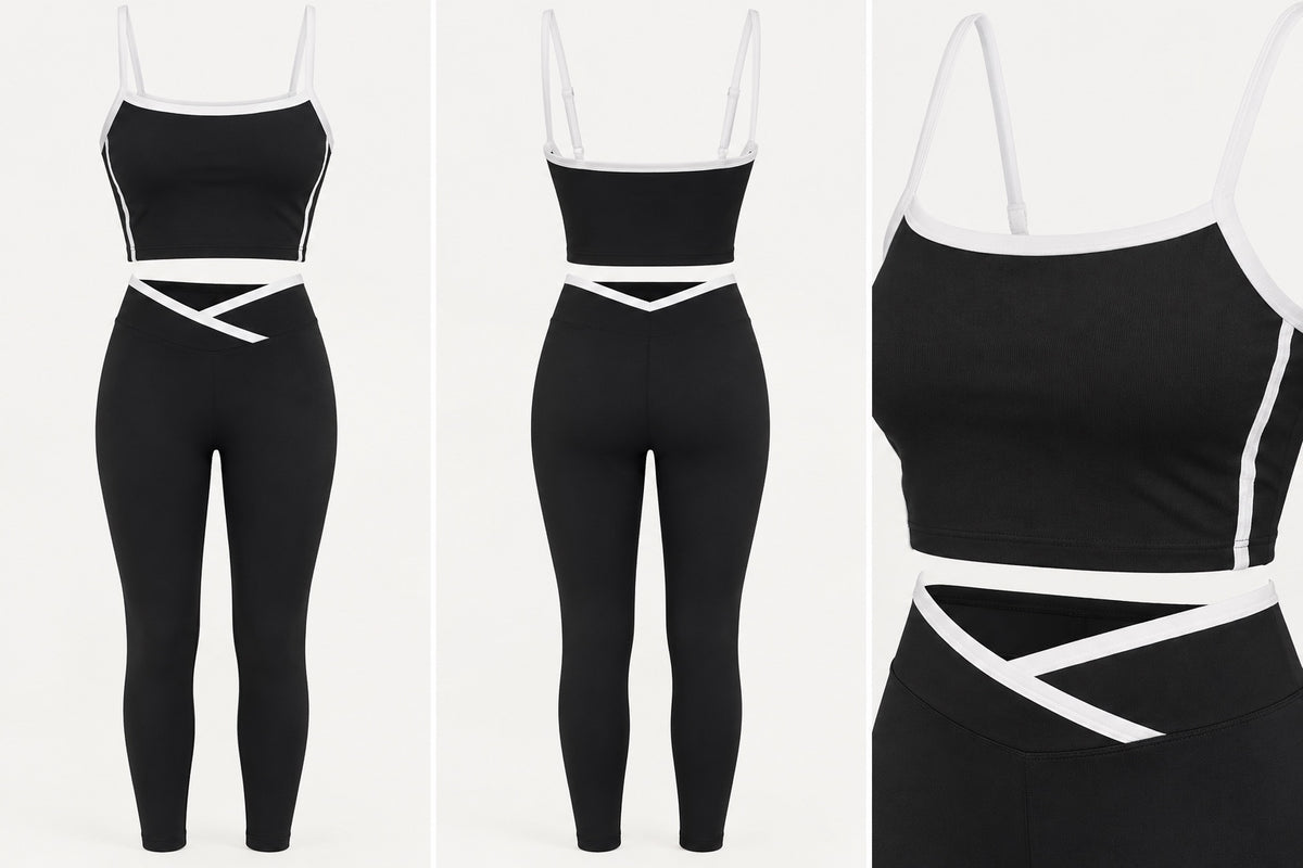 Black contrast trim activewear set with crop top and full length leggings