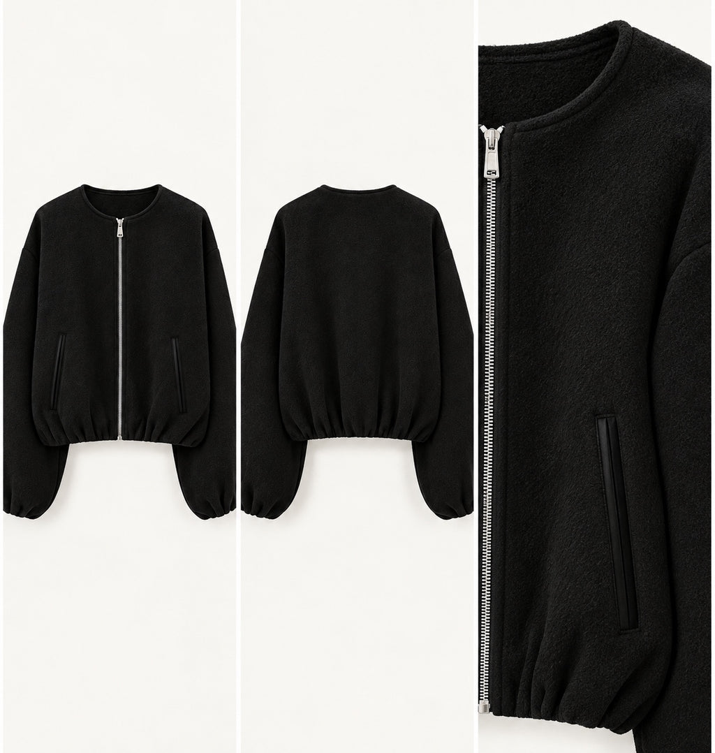 Black textured zip jacket front back and detail