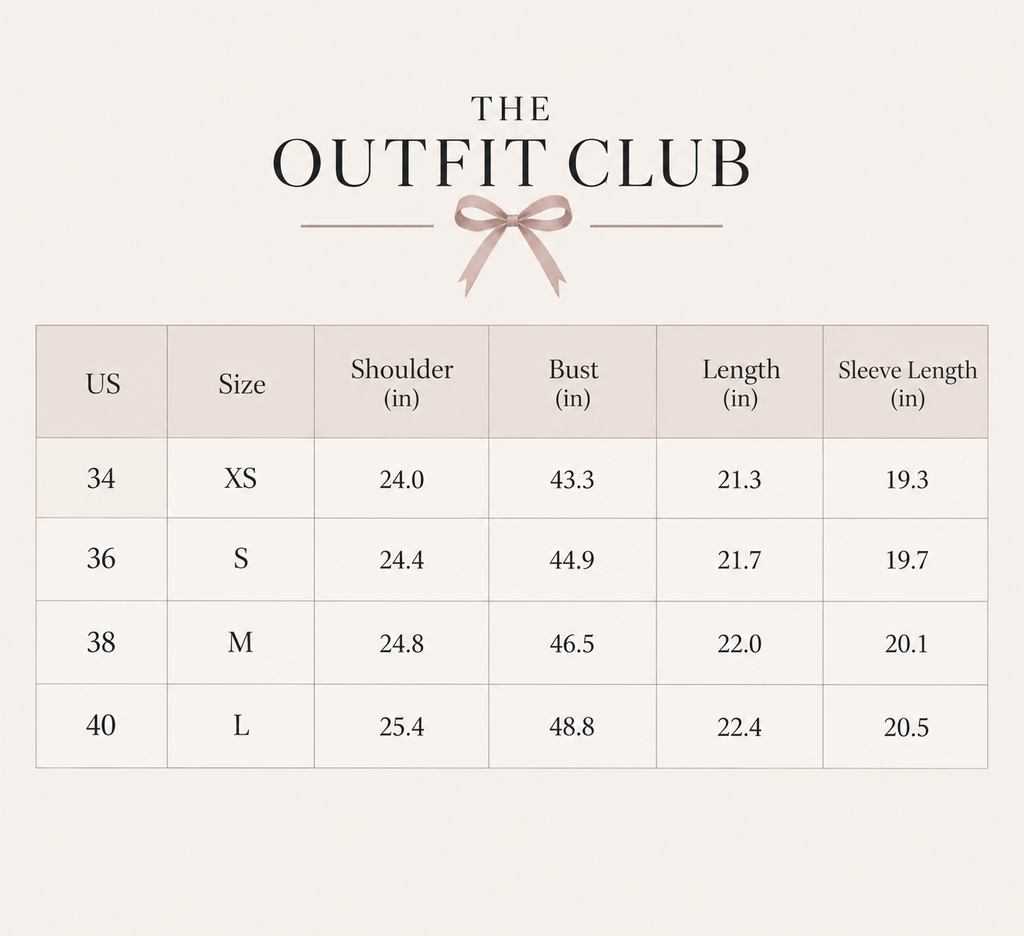 The Outfit Club size guide for burgundy collared jacket