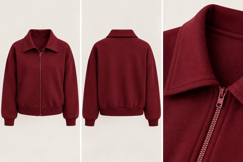 Burgundy zip front jacket front back and detail views