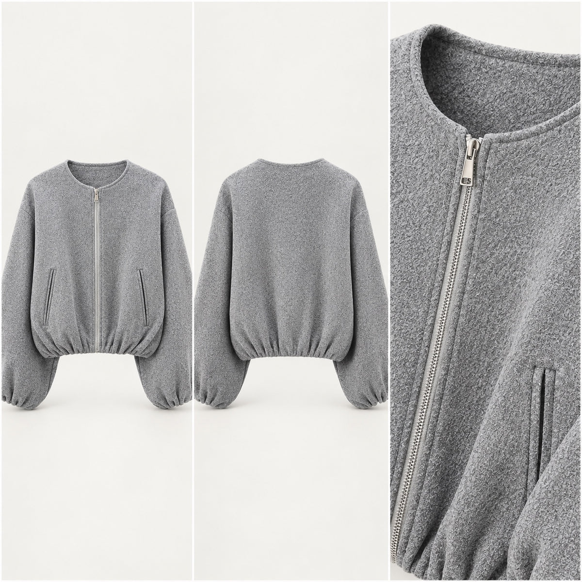 Grey textured zip jacket front back and detail