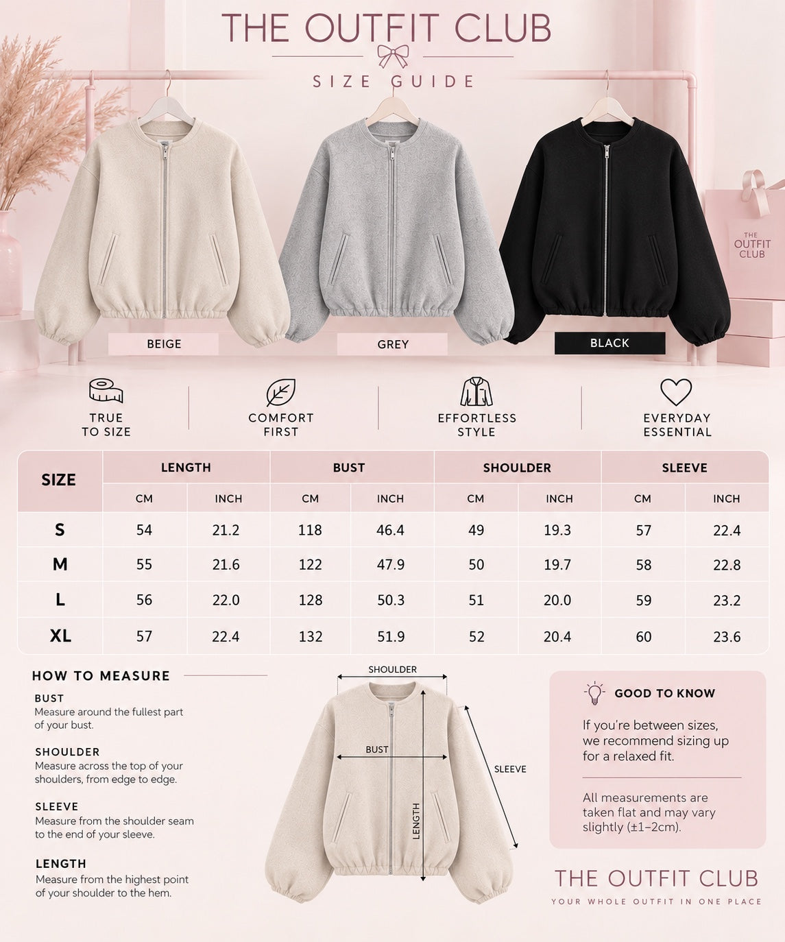 The Outfit Club textured zip jacket size guide S to XL